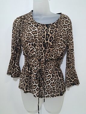 Ember Cheetah Print Blouse w/ Corset Waist Women's Medium Bell End Sleeve